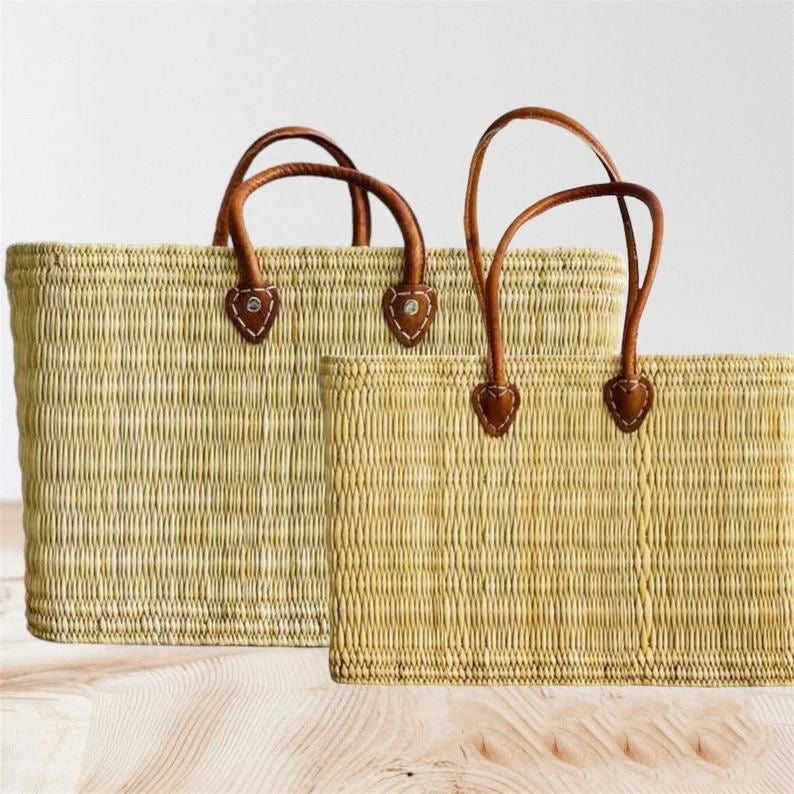 Handwoven Straw Tote Bag with Leather Handles